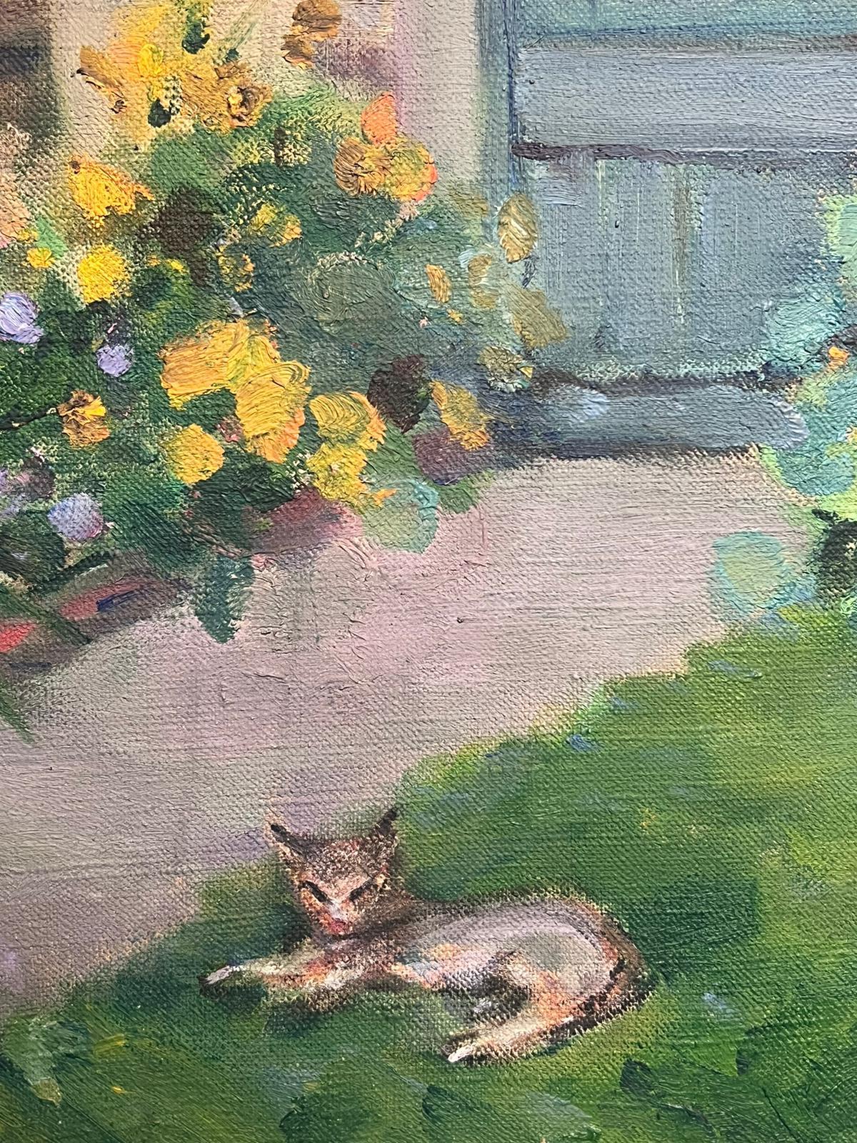 1930's French Impressionist Oil Cottage Flower Garden & Cat on Lawn - Gray Landscape Painting by Louise Alix