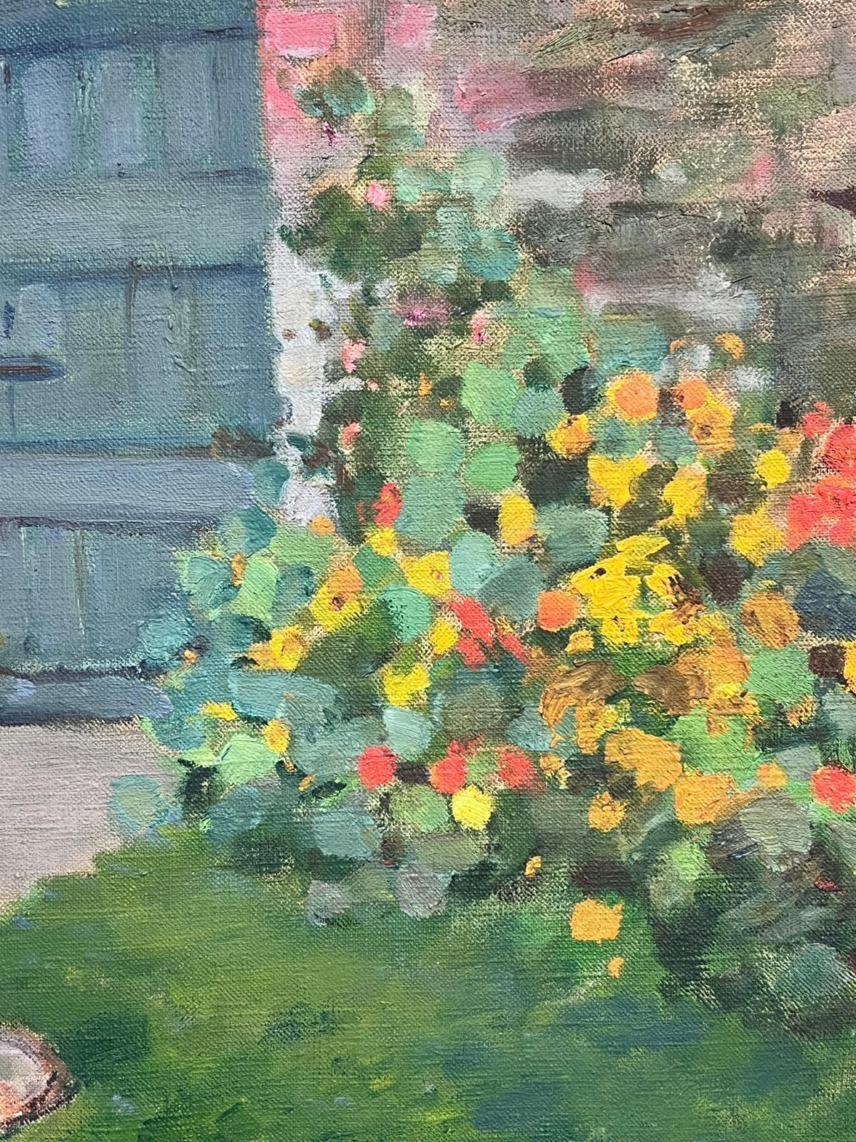 1930's French Impressionist Oil Cottage Flower Garden & Cat on Lawn 1