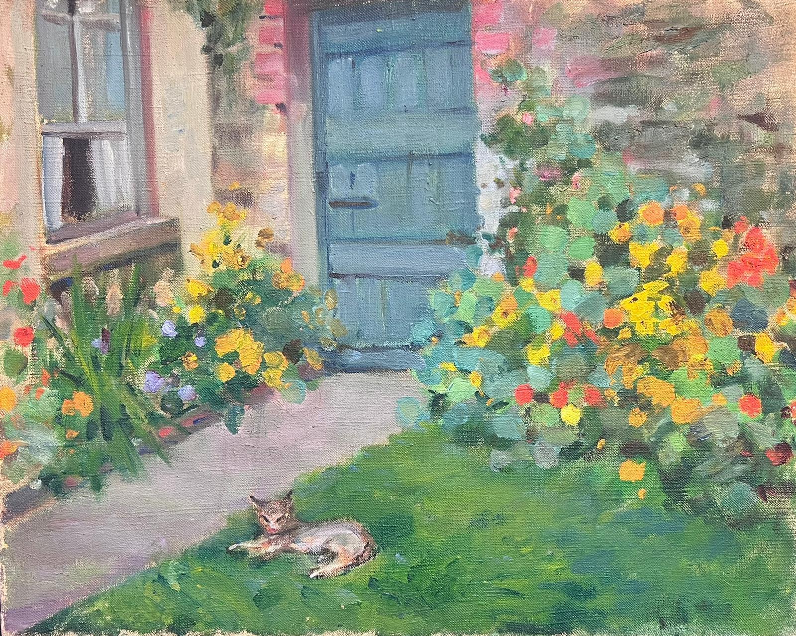 Louise Alix Landscape Painting - 1930's French Impressionist Oil Cottage Flower Garden & Cat on Lawn