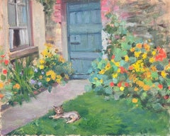 1930's French Impressionist Oil Cottage Flower Garden & Cat on Lawn