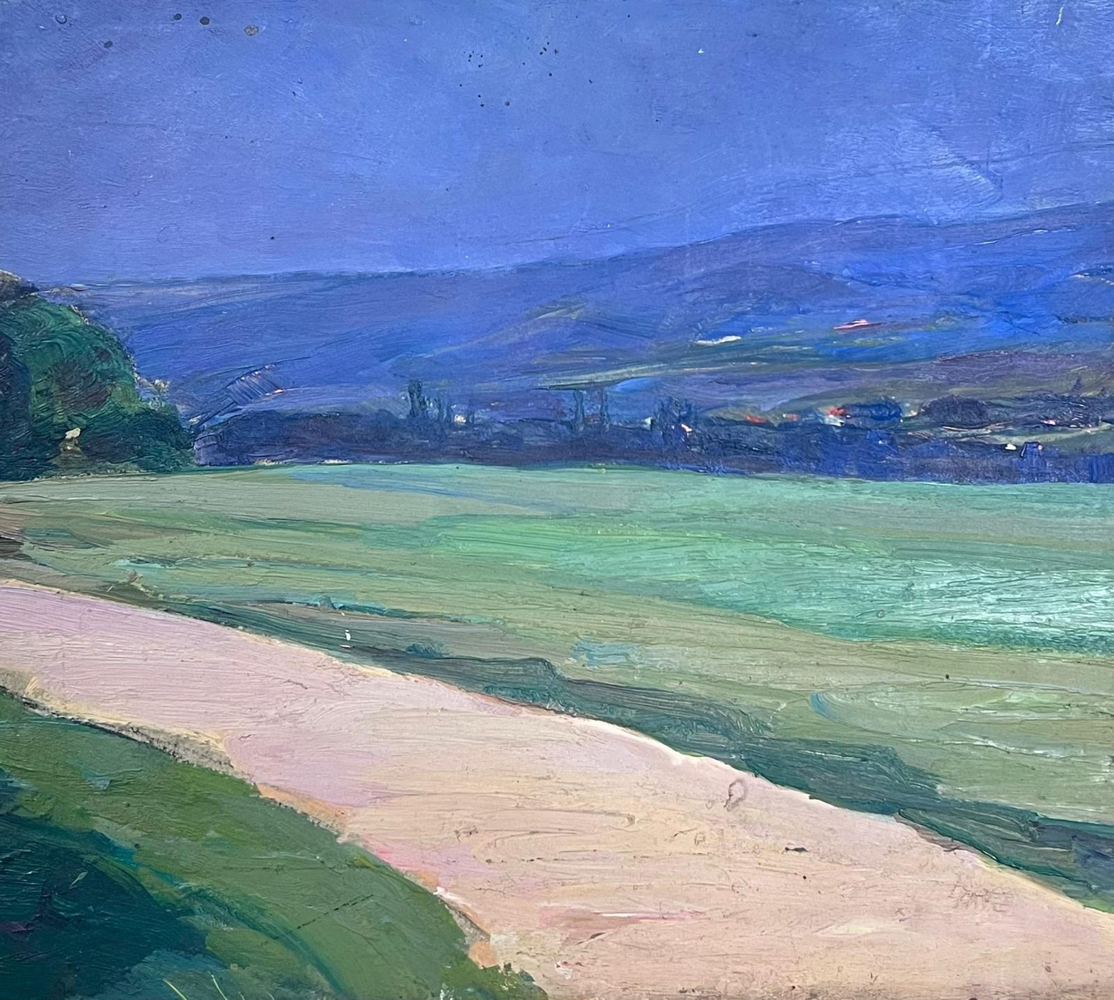1930's French Impressionist Oil Country Track Deep Blue Sky For Sale 1