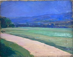 Huile impressionniste française des années 1930 Piste de campagne Ciel bleu profond