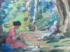 1930's French Impressionist Oil Female Artist Ladies in Dappled Light Woodland
