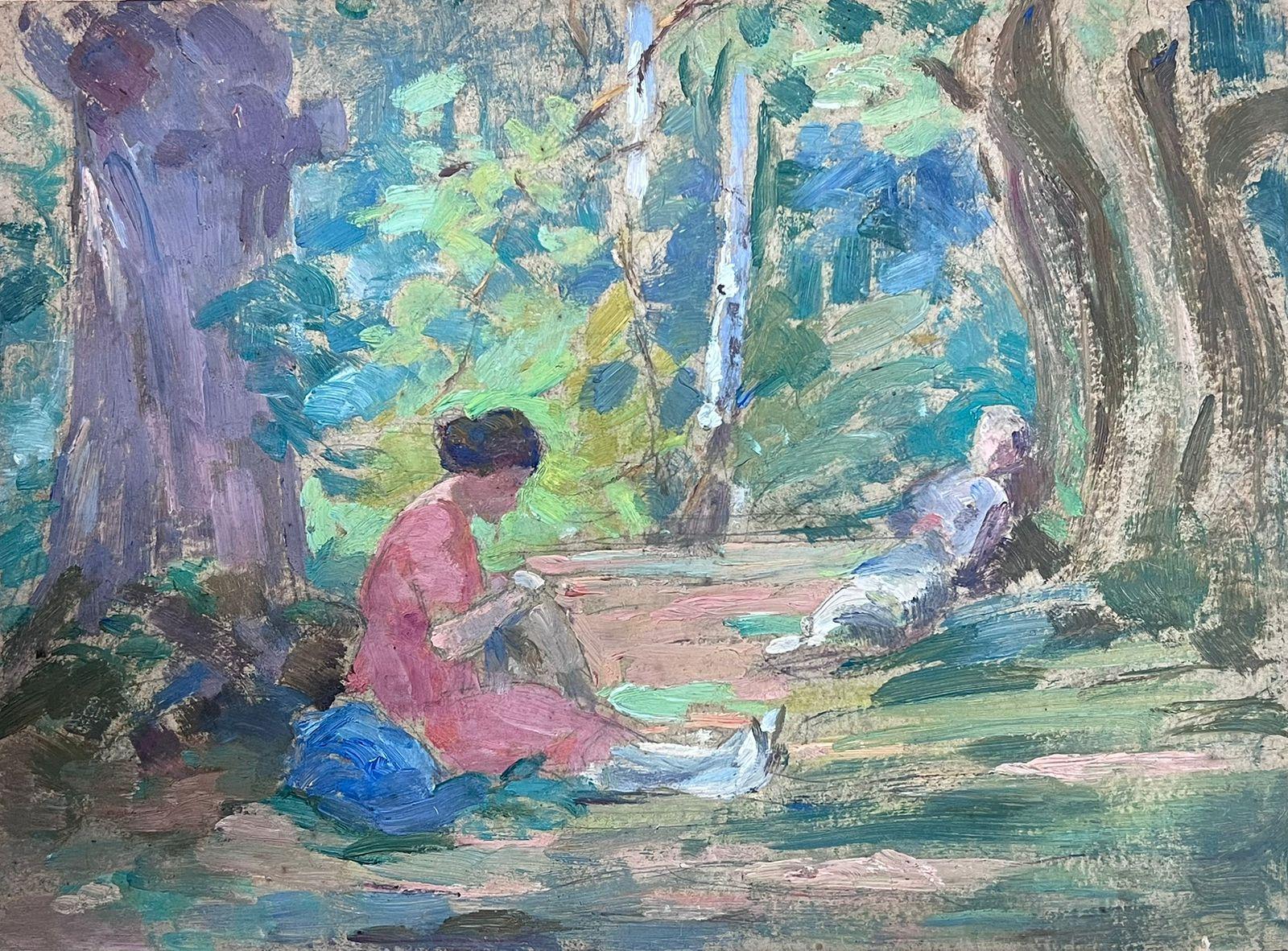 1930's French Impressionist Oil Female Artist Ladies in Dappled Light Woodland - Gray Landscape Painting by Louise Alix
