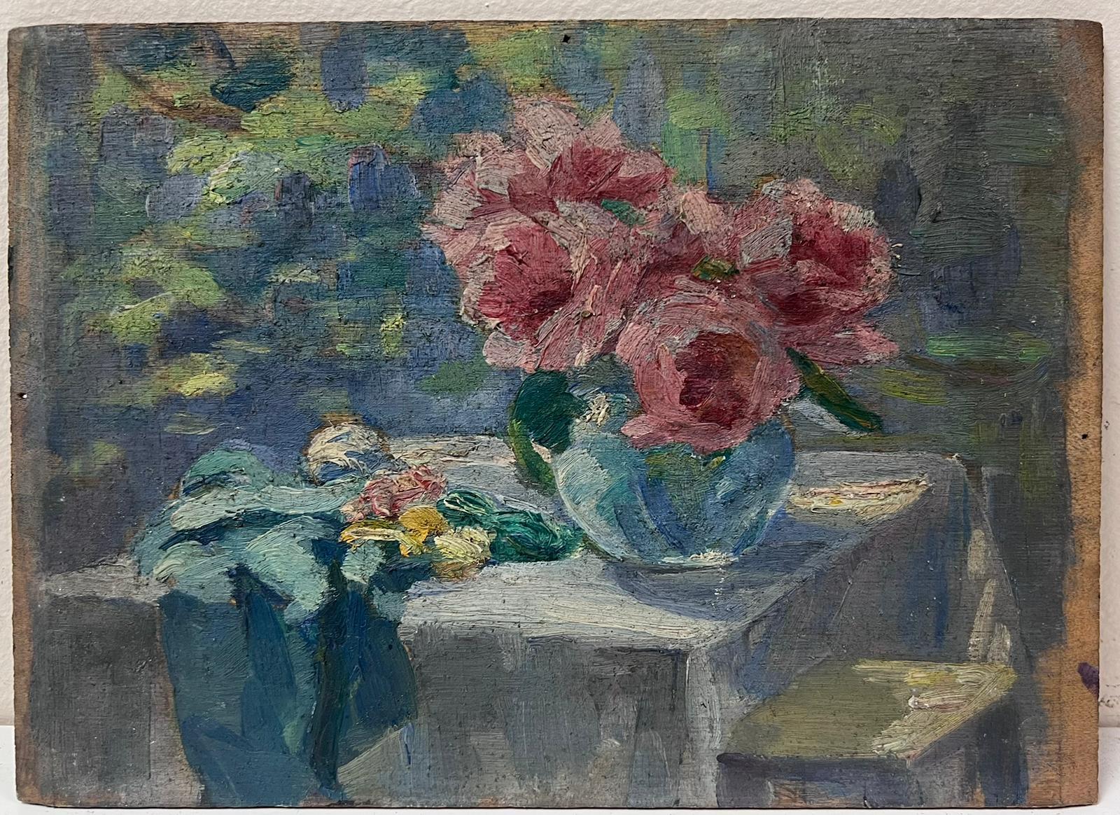 1930's French Impressionist Oil Flowers on Garden Tablecloth Female Artist - Painting by Louise Alix