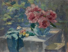 Huile impressionniste française des années 1930, fleurs sur toile de table de jardin, artiste féminine