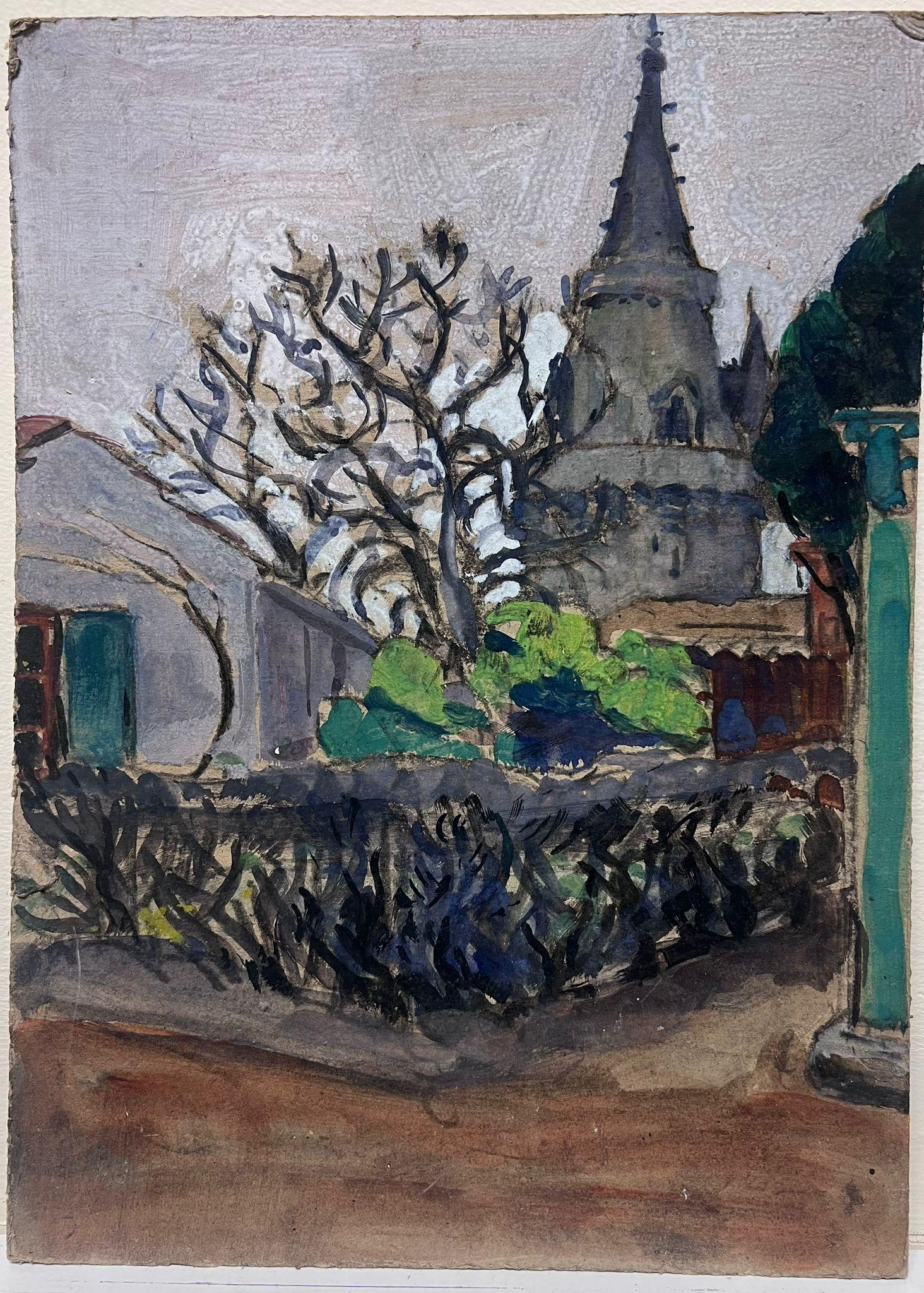 1930 Óleo impresionista francés Paisaje invernal sombrío de esquina de pueblo - Painting de Louise Alix