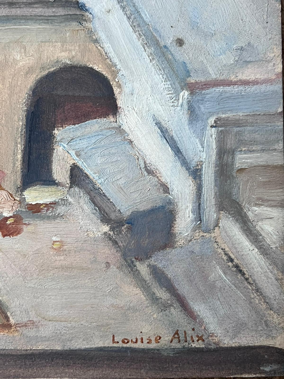 Französisch-impressionistisches Ölgemälde in Grau, Town Roof Tops, geraffte Figuren, 1930er Jahre – Painting von Louise Alix