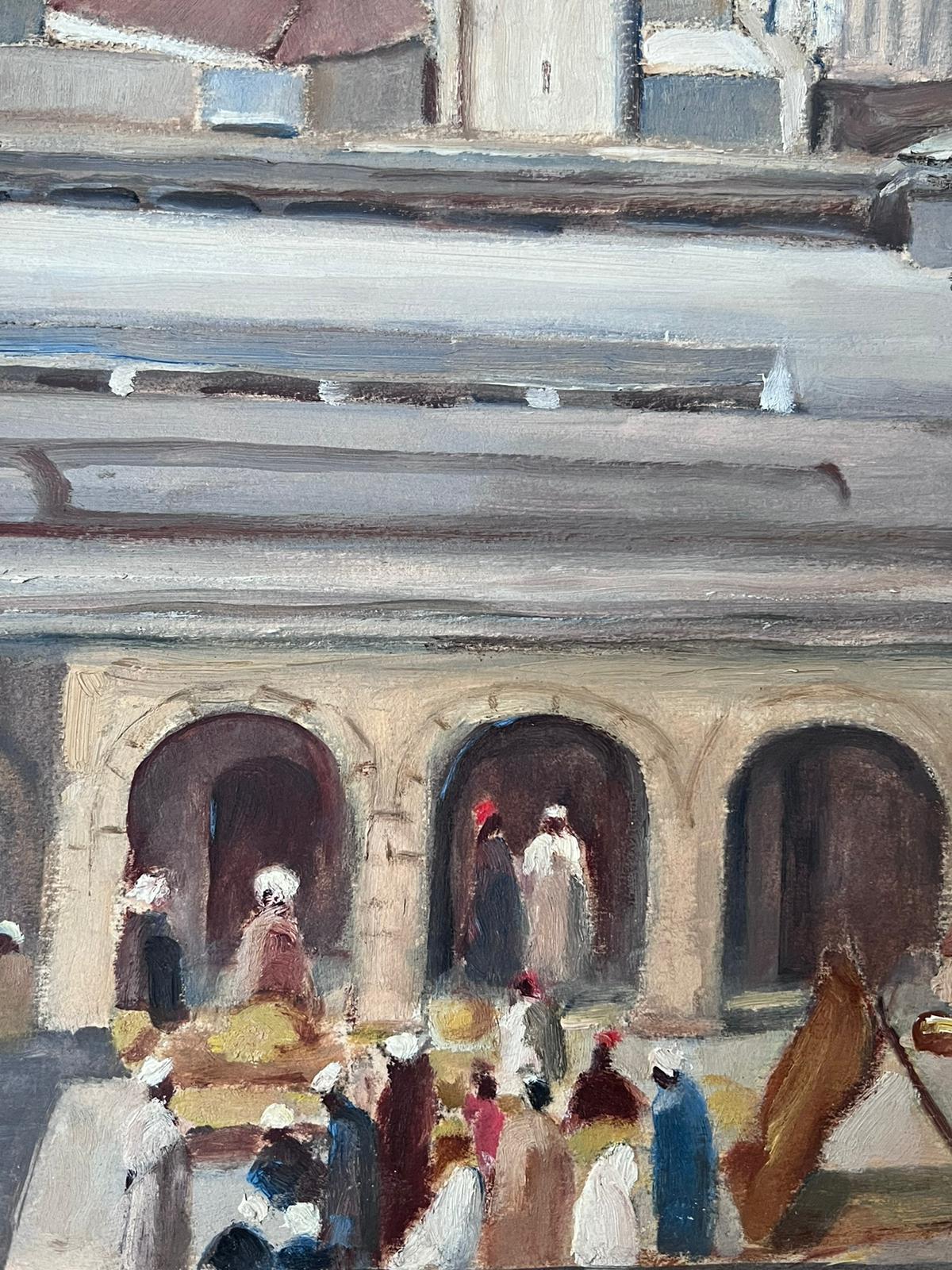 Französisch-impressionistisches Ölgemälde in Grau, Town Roof Tops, geraffte Figuren, 1930er Jahre (Impressionismus), Painting, von Louise Alix