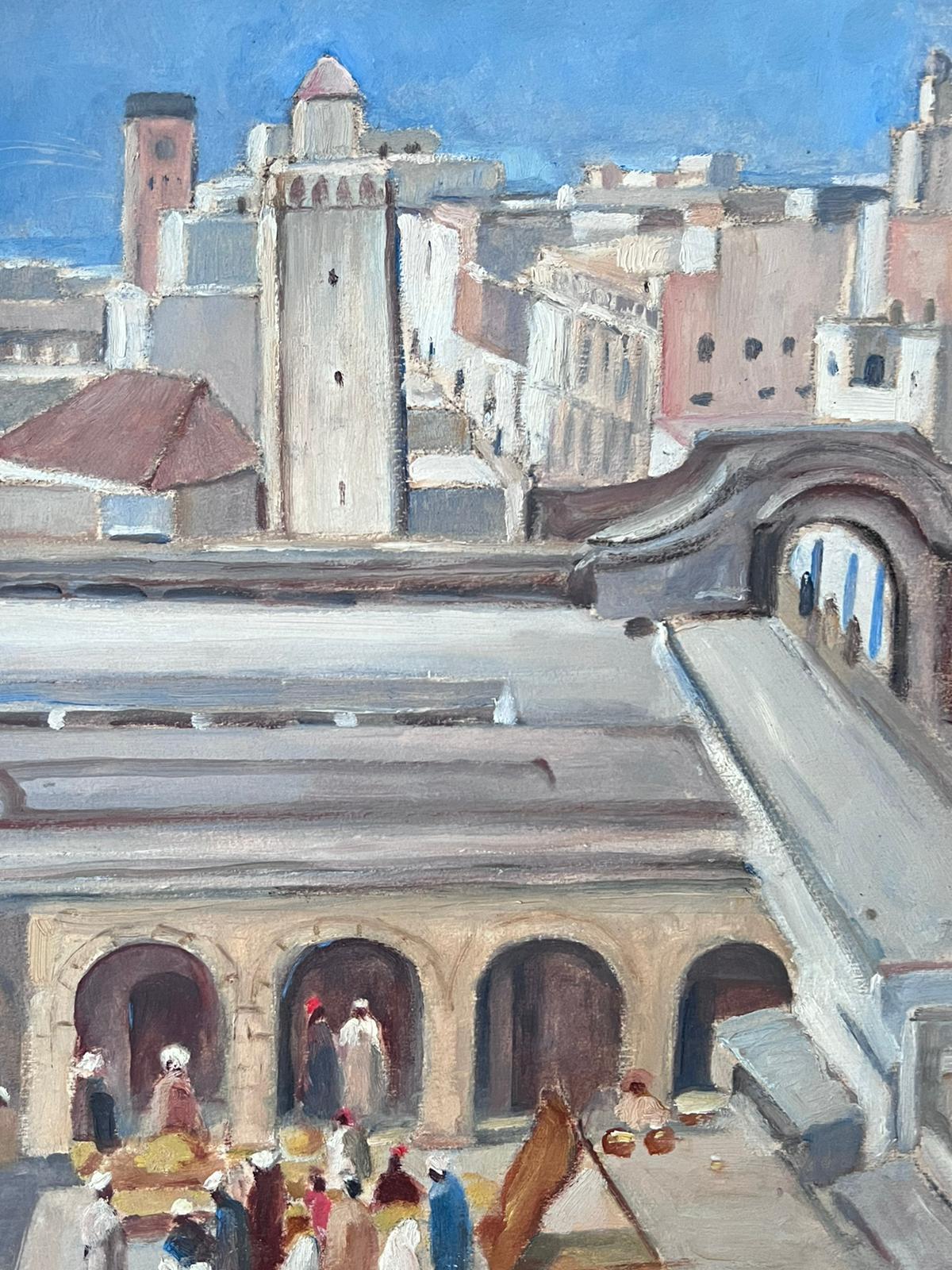 1930's French Impressionist Oil Grey Town Roof Tops Gathered Figures For Sale 1