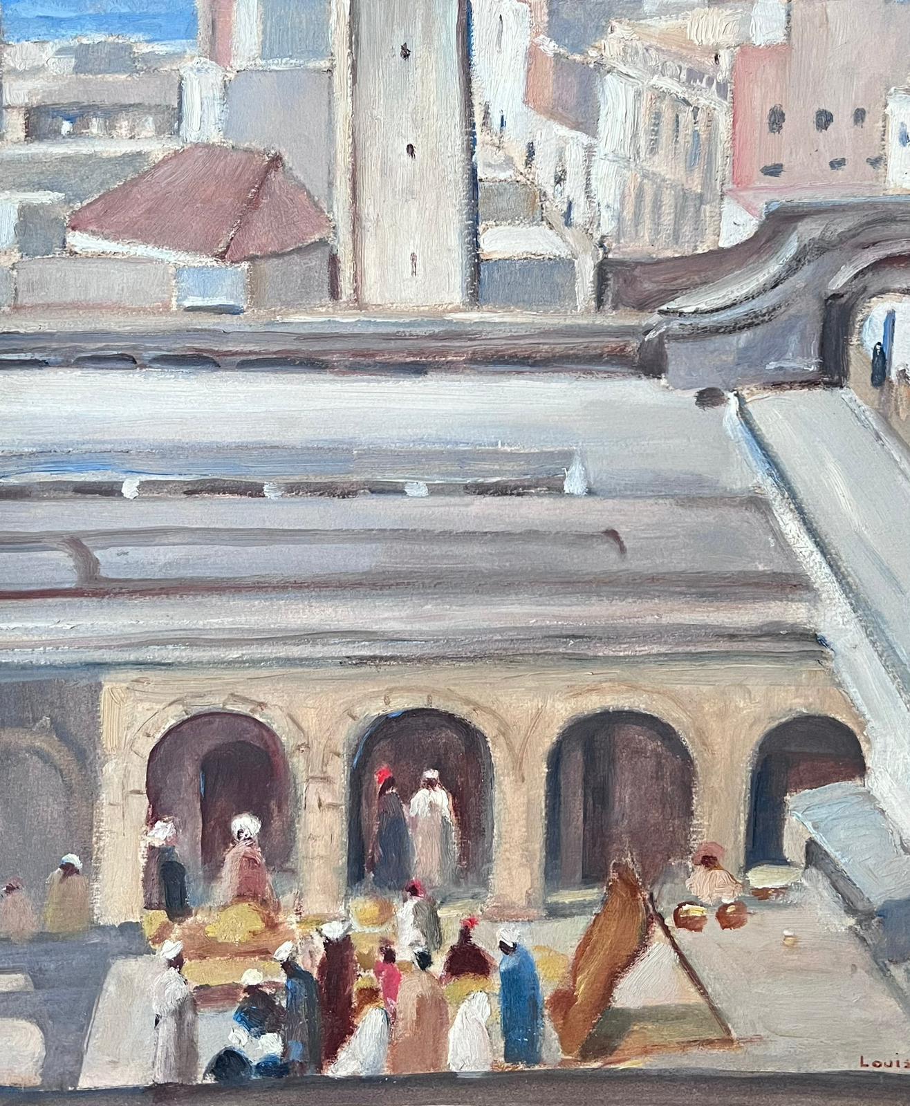 Impressionniste française des années 1930, huile grise, Town Roof Tops Gathered Figures en vente 1