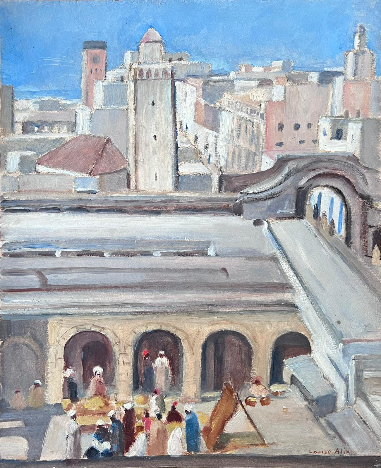 Louise Alix Figurative Painting – Französisch-impressionistisches Ölgemälde in Grau, Town Roof Tops, geraffte Figuren, 1930er Jahre