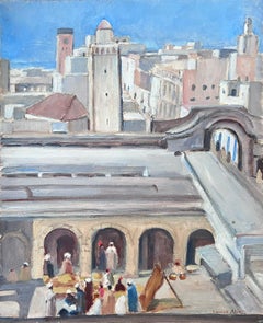 Impressionniste française des années 1930, huile grise, Town Roof Tops Gathered Figures