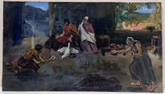 Huile impressionniste française des années 1930 Groupe de personnages réunis dans une forêt