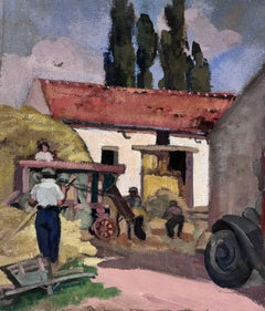 1930's French Impressionist Oil Harvest Farm Workers in Yard with Haystack