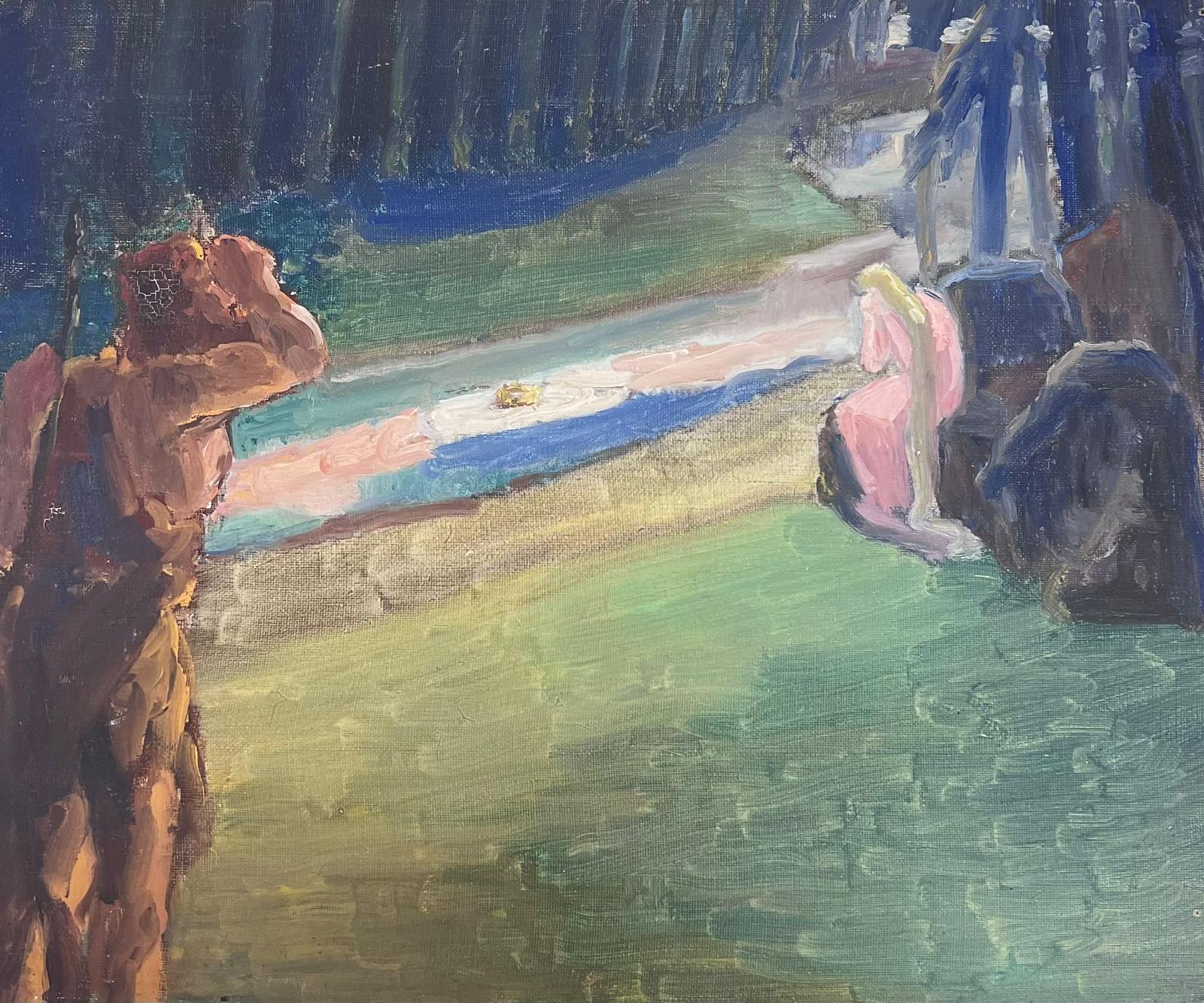 Louise Alix Landscape Painting – 1930's Französisch Impressionist Öl mythologischen Figuren durch die River Bank