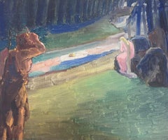 1930's French Impressionist Oil Mythological Figures By The River Bank