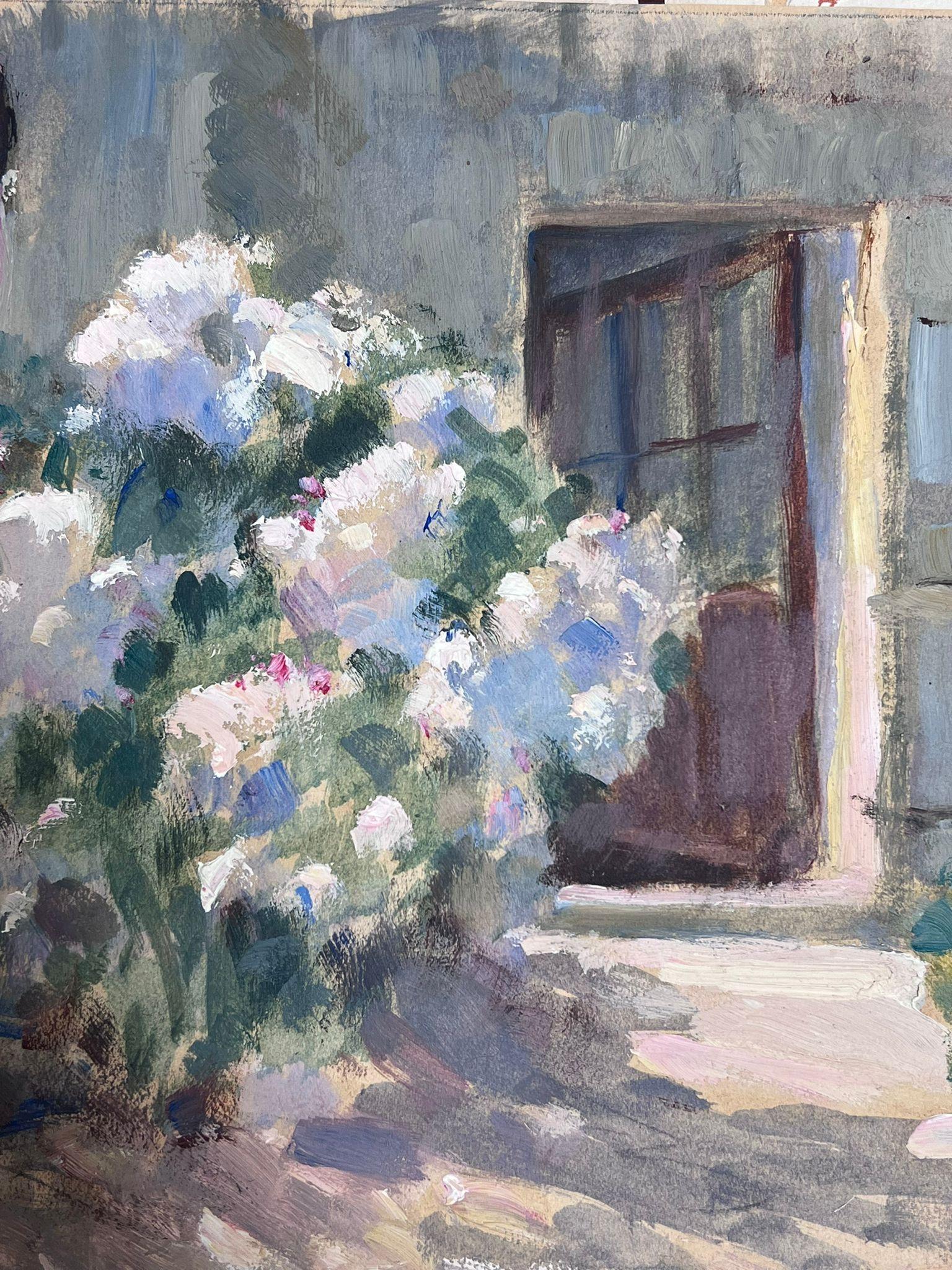 1930's French Impressionist Oil Oak Door Through To Flower Garden - Painting by Louise Alix