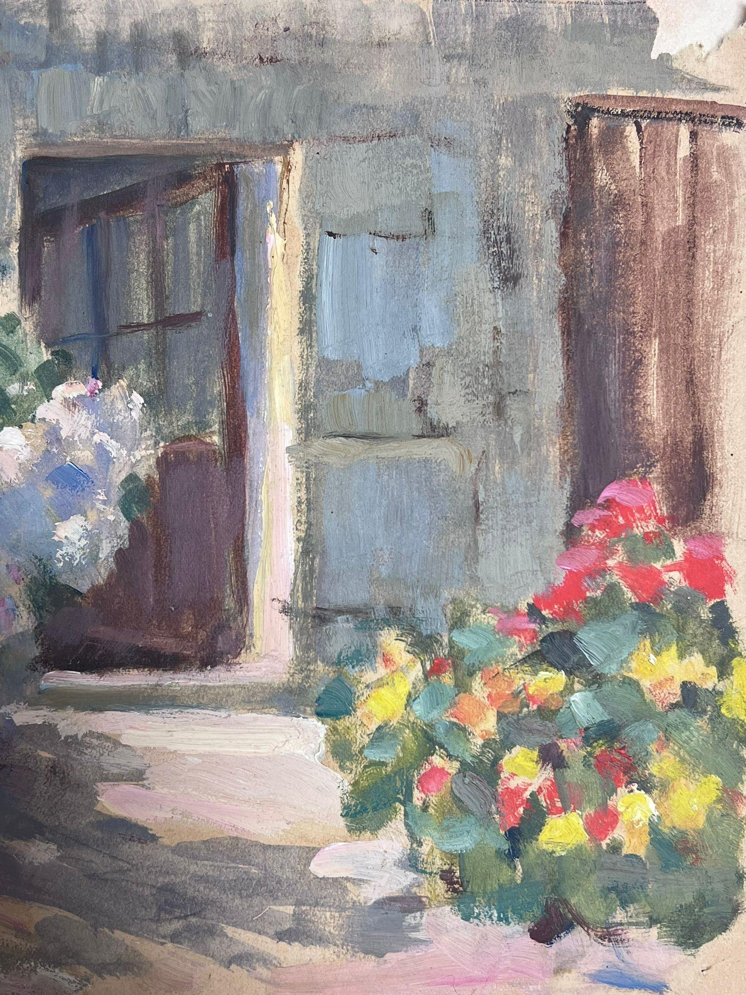 1930's French Impressionist Oil Oak Door Through To Flower Garden (Impressionismus), Painting, von Louise Alix