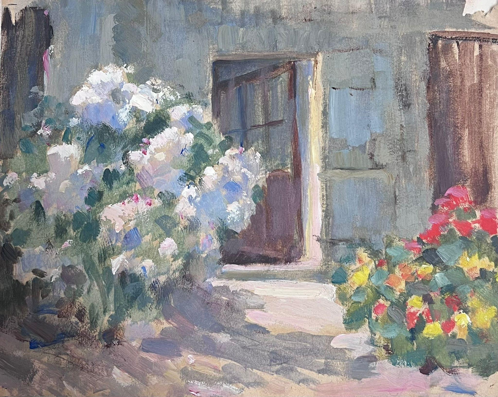 1930's French Impressionist Oil Oak Door Through To Flower Garden 1