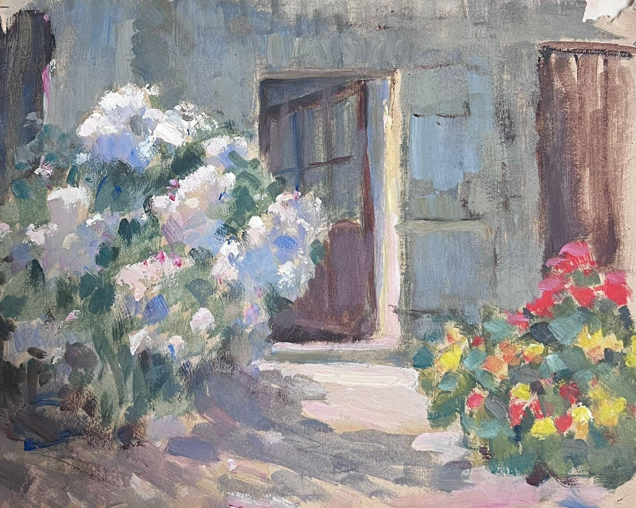 Louise Alix Landscape Painting – 1930's French Impressionist Oil Oak Door Through To Flower Garden