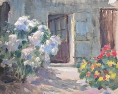 Retro 1930's French Impressionist Oil Oak Door Through To Flower Garden