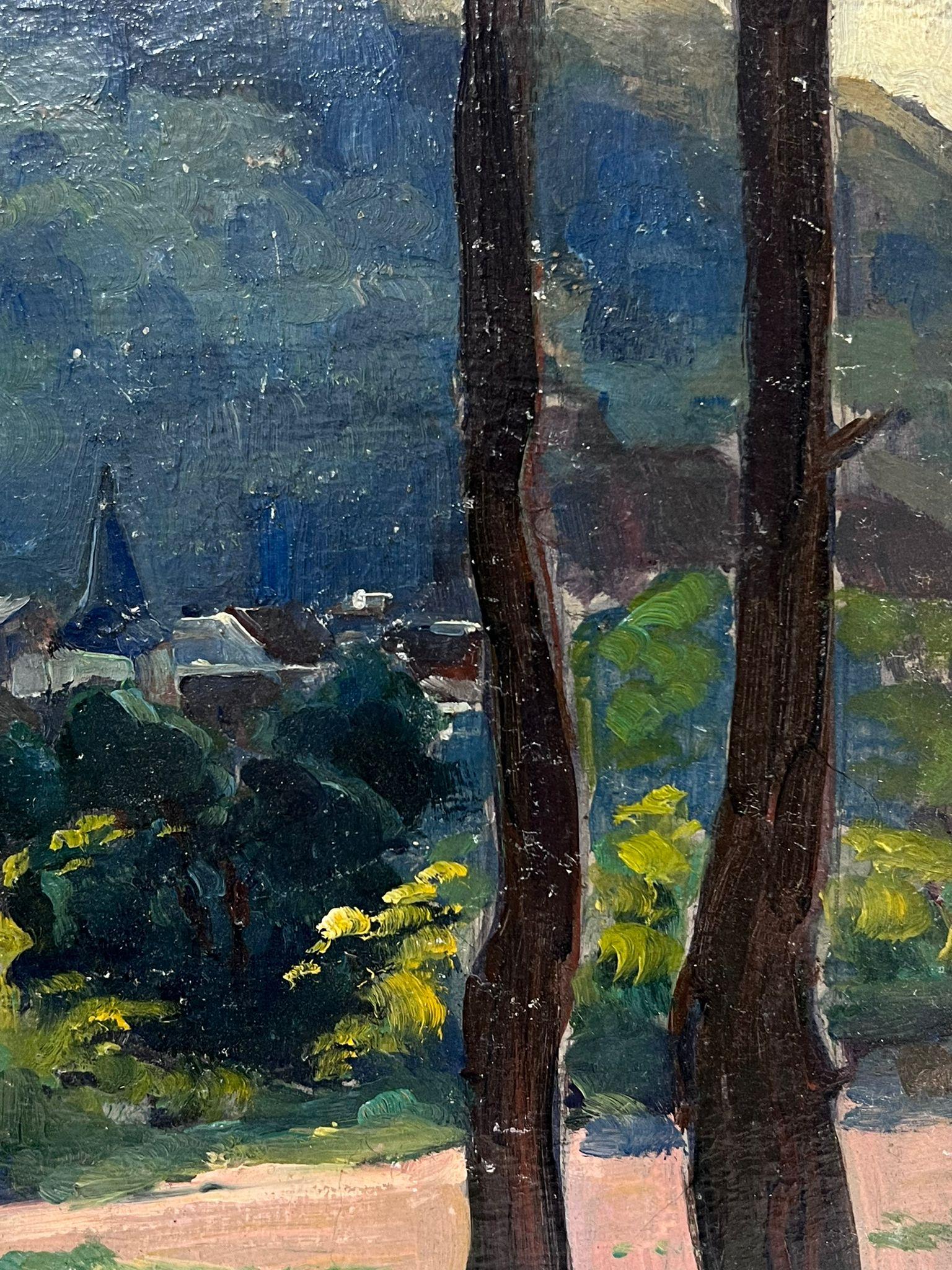 Pittura a olio impressionista francese del 1930 Paesaggio con alberi alti e scuri - Painting Impressionismo di Louise Alix