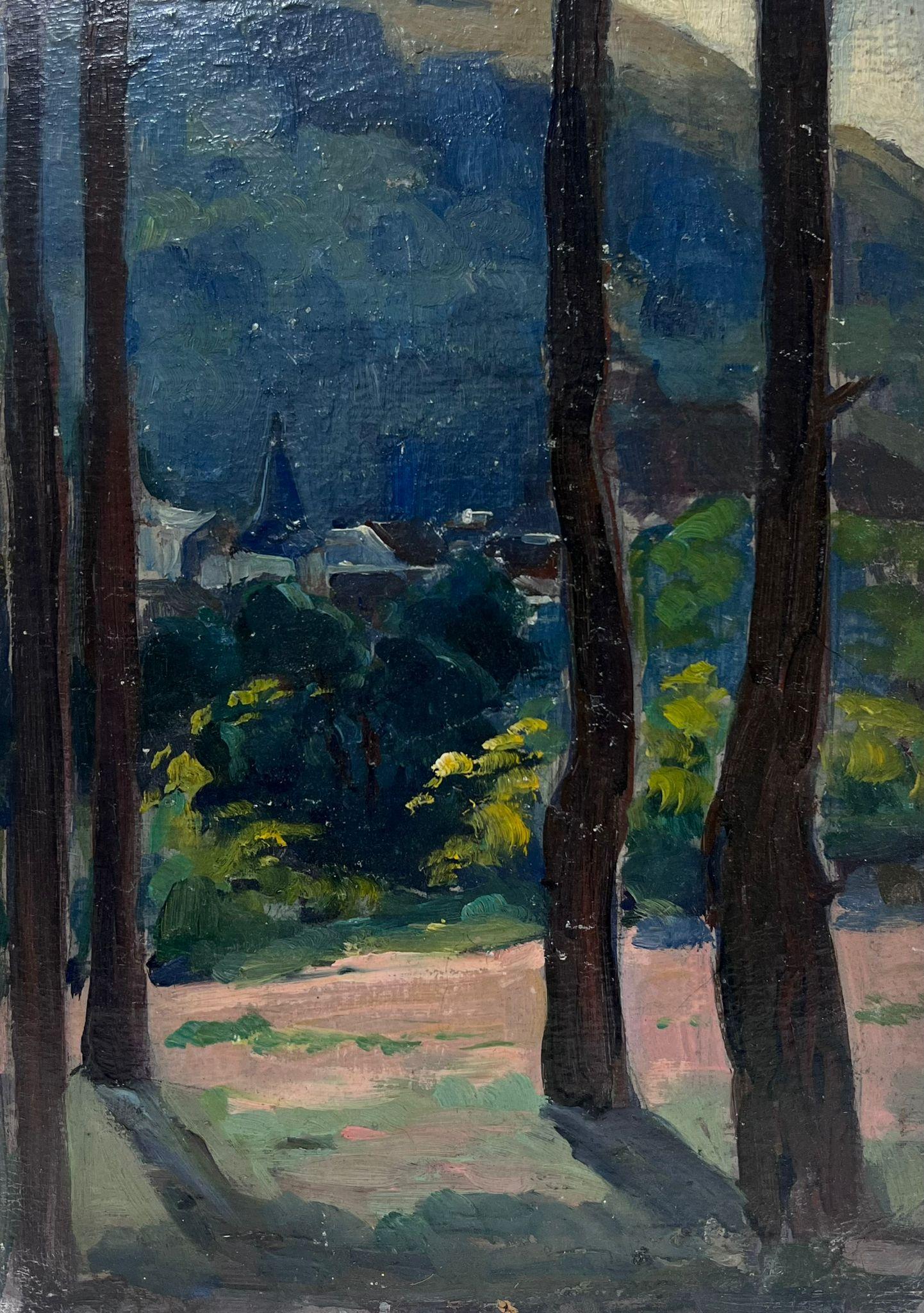 Pittura a olio impressionista francese del 1930 Paesaggio con alberi alti e scuri - Landscape Painting Nero di Louise Alix