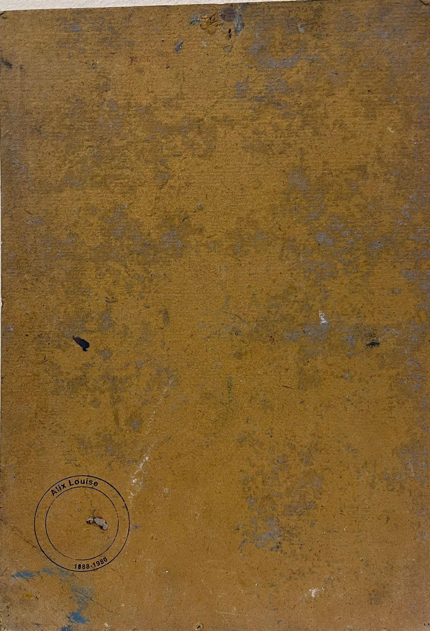 Pittura a olio francese vintage 
di Louise Alix (francese, 1888-1980) *vedi note sotto
timbro di provenienza sul retro 
dipinto a olio su tavola, senza cornice
misure: 11,75 di altezza per 8,25 pollici di larghezza
condizioni: nel complesso molto