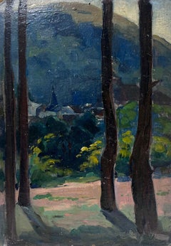 Pittura a olio impressionista francese del 1930 Paesaggio con alberi alti e scuri