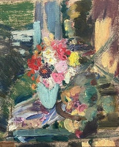 Peinture à l'huile impressionniste française des années 1930 représentant des fleurs dans un jardin