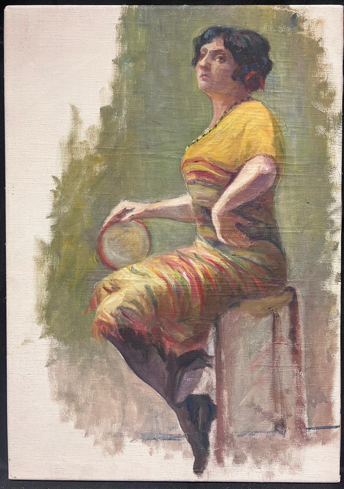 The Lady with the Tambourine
by Louise Alix (French, 1888-1980) *see notes below
oil painting on canvas unframed
measures: 20 inches high by 14 inches wide
condition: overall very good and sound, a few scuffs and marks to the surface and wear to the