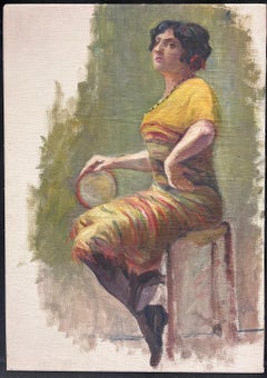 1930's French Impressionist Oil Painting Sketch Portrait Lady with Tambourine