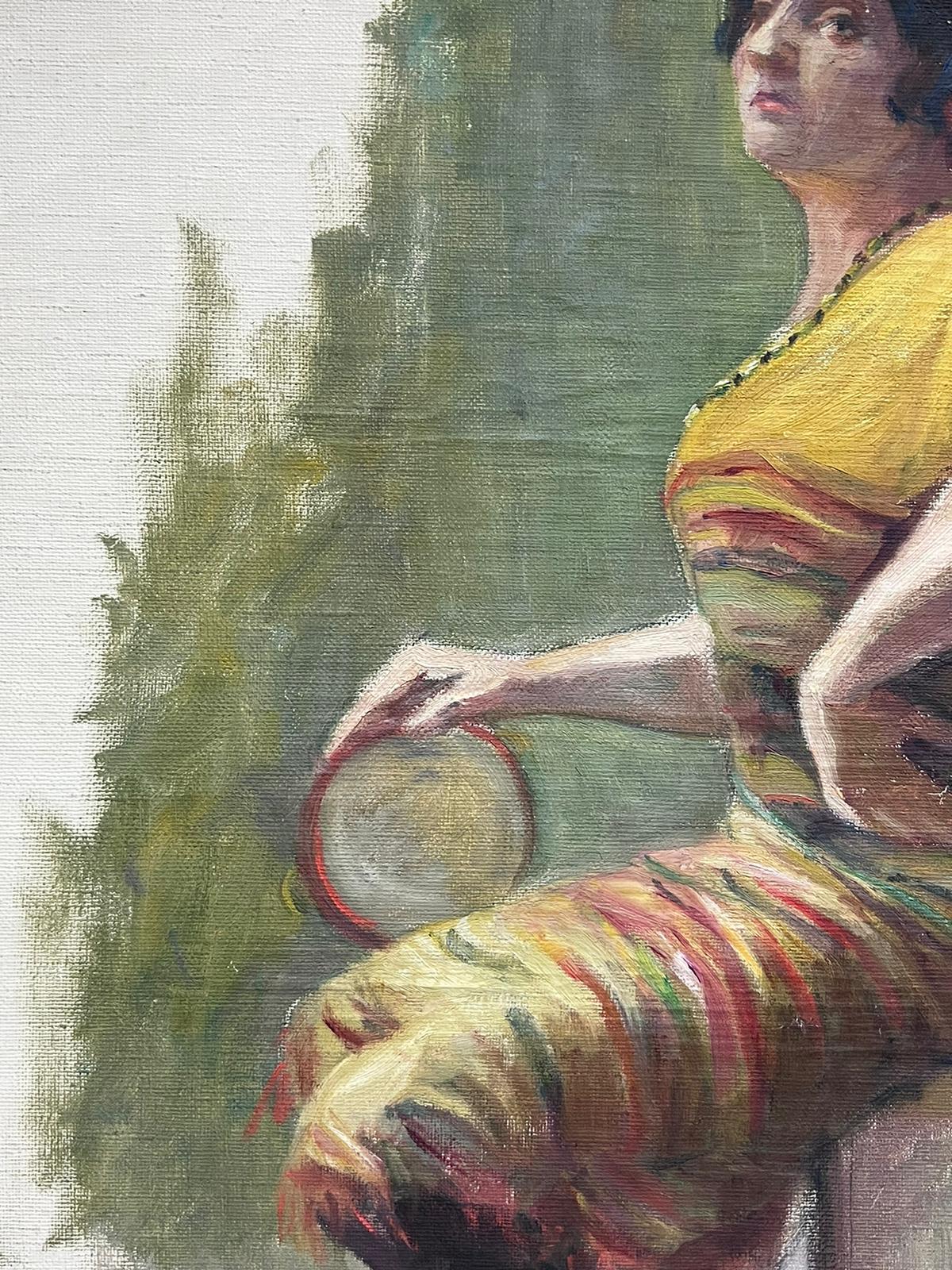 1930's French Impressionist Oil Painting Sketch Portrait Lady with Tambourine For Sale 1