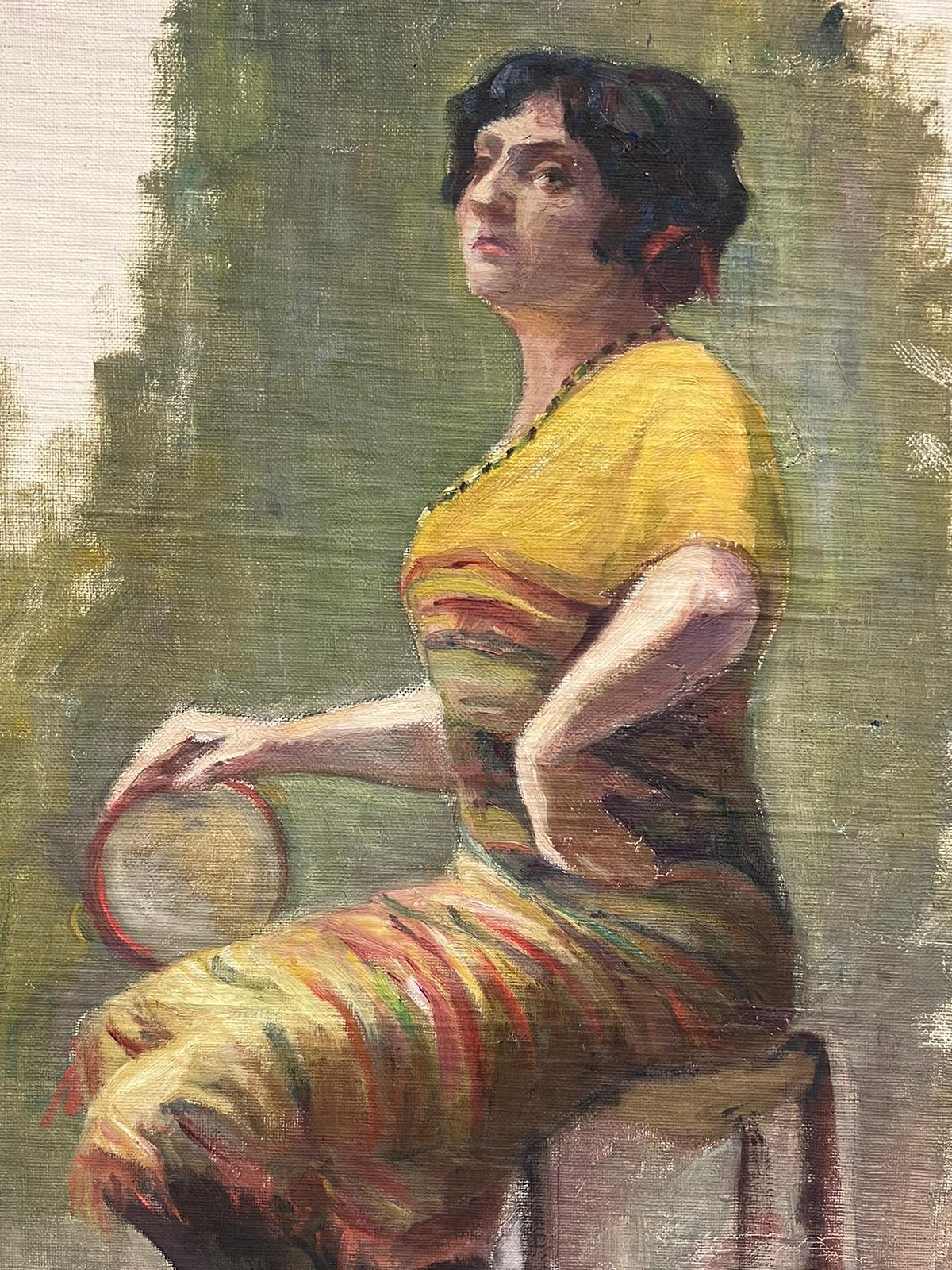 1930's French Impressionist Oil Painting Sketch Portrait Lady with Tambourine For Sale 3