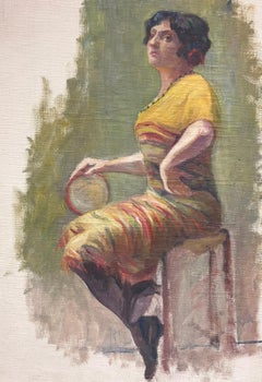 1930's Pintura al óleo impresionista francesa Boceto Retrato Dama con pandereta