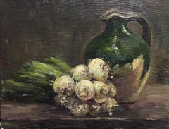 1930's French Impressionist Oil Painting Still Life Onions next to Jug