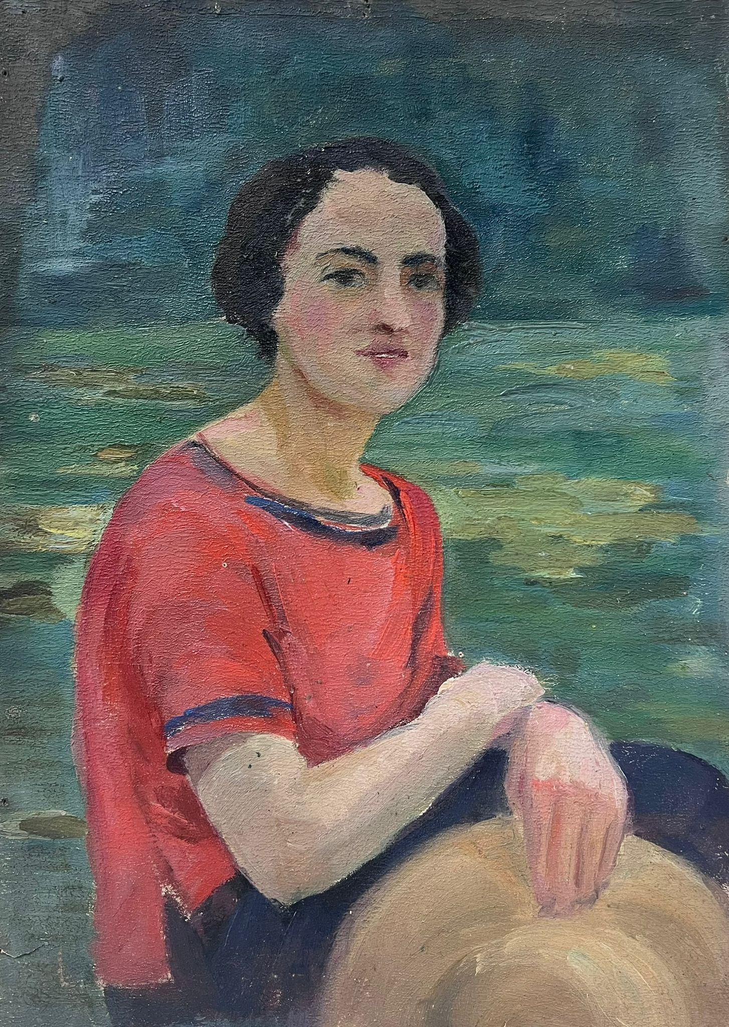 1930's French Impressionist Oil Portrait Lady Posed In Red Round Neck Top 