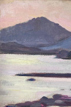 1930's French Impressionist Oil Purple Mountain Sea Landscape