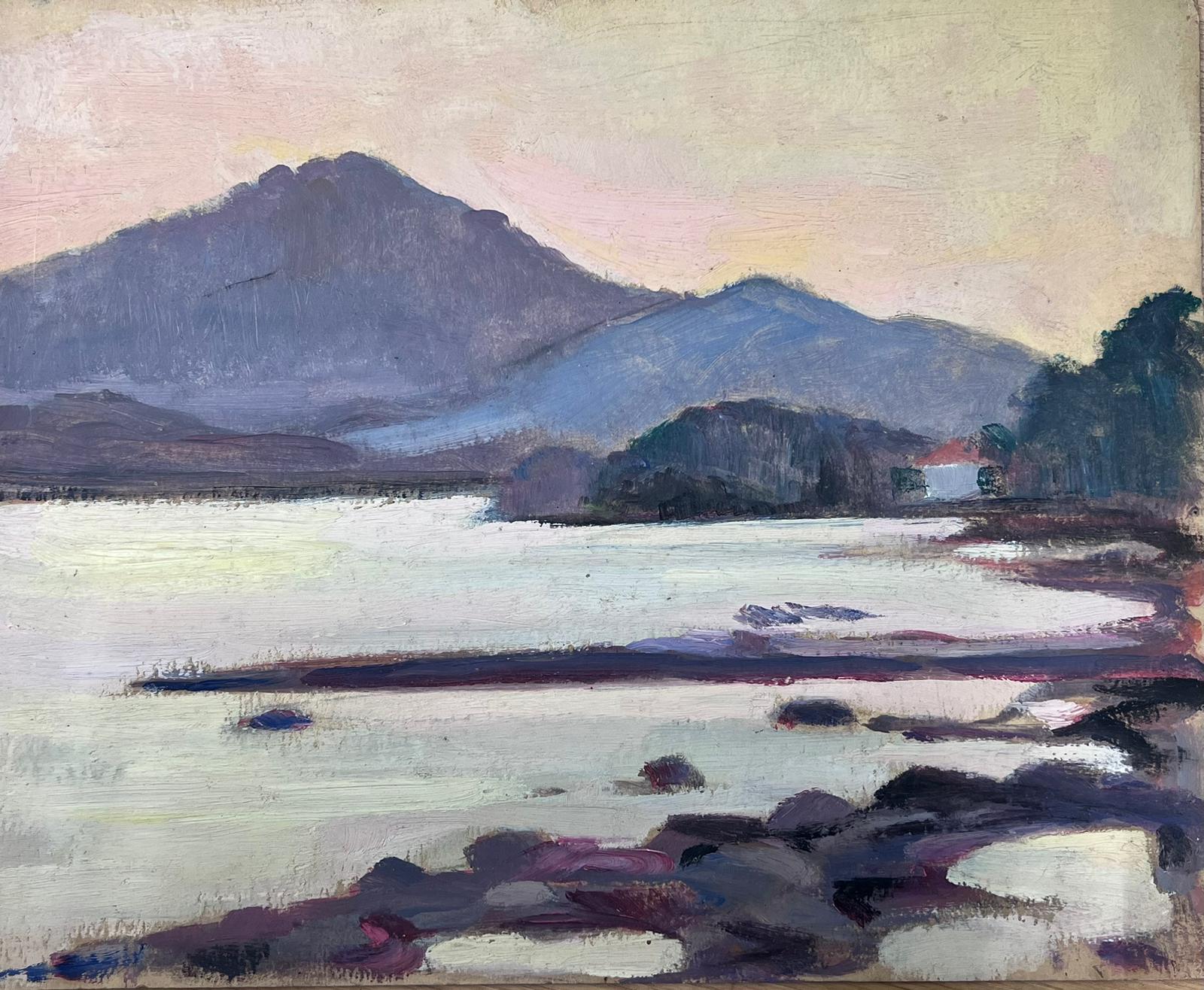 1930's French Impressionist Oil Purple Mountain Sea Landscape For Sale 1