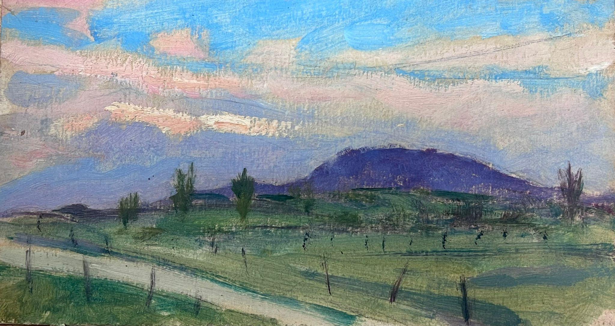 Landscape Painting Louise Alix - Huile impressionniste française des années 1930 Montagnes violettes Chemin côtier vert