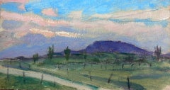 Huile impressionniste française des années 1930 Montagnes violettes Chemin côtier vert