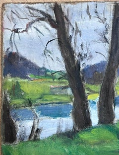 1930's French Impressionist Oil River Woodland Green Summer Landscape