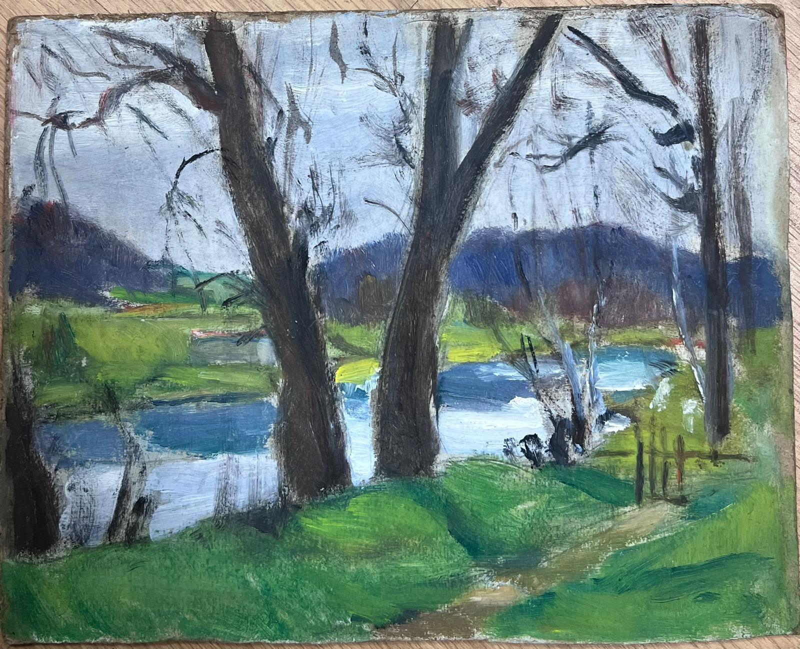 1930's French Impressionist Oil River Woodland Green Summer Landscape For Sale 1