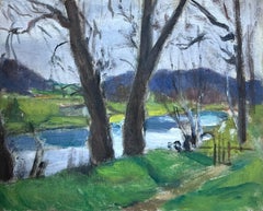 Paysage d'été vert de rivière à l'huile impressionniste français des années 1930