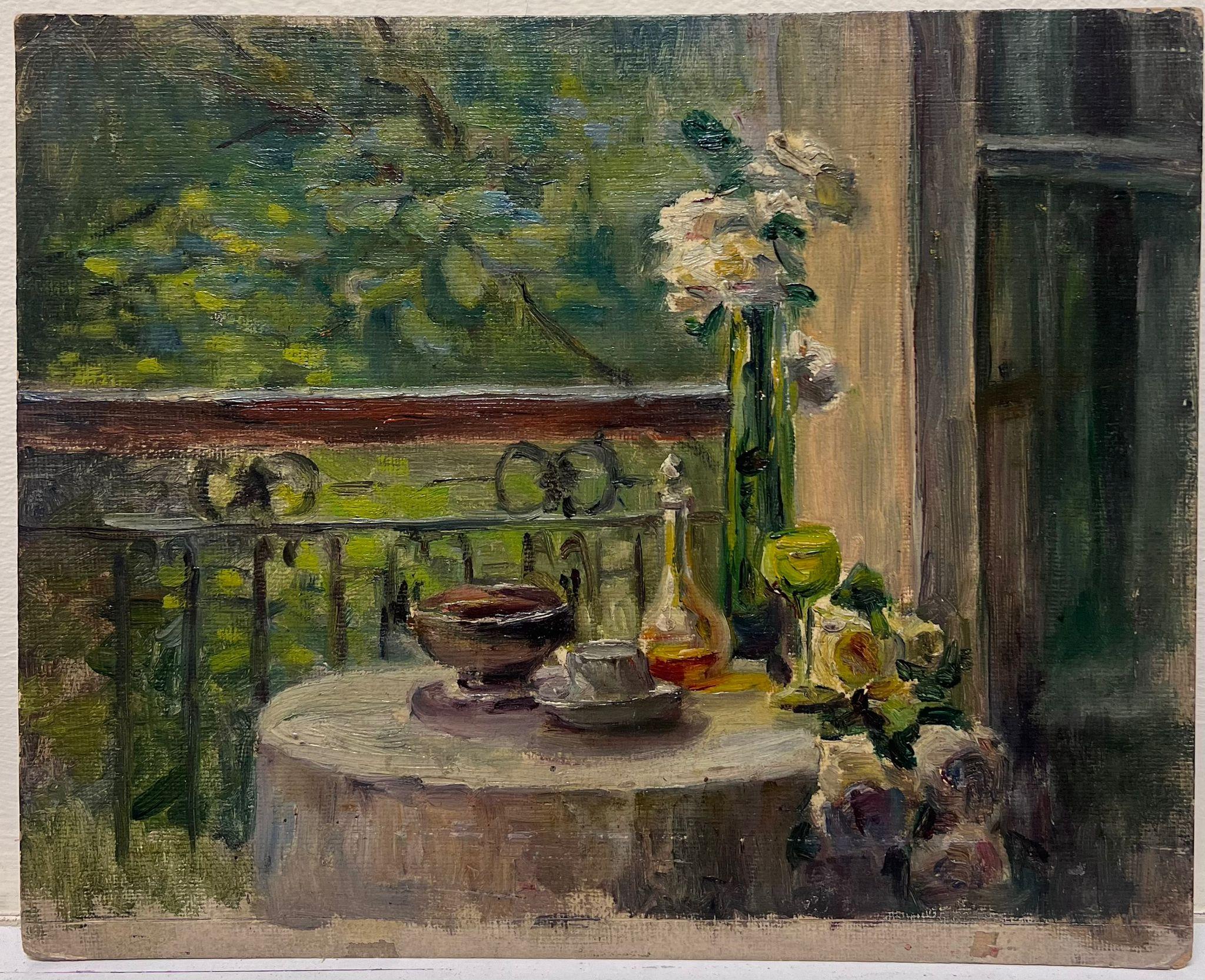1930 Óleo impresionista francés Rosas en la ventana Terraza Escena de jardín interior - Painting de Louise Alix