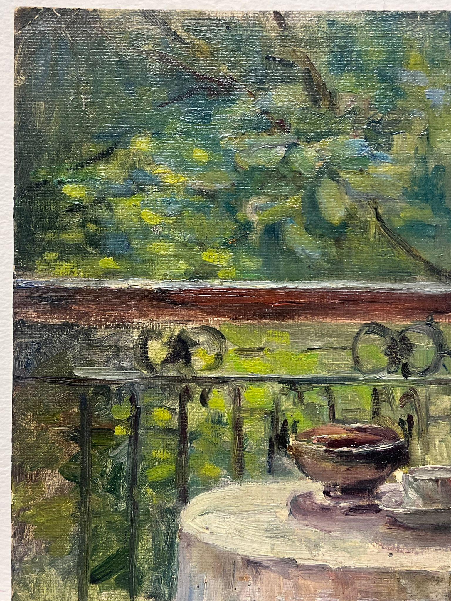1930 Óleo impresionista francés Rosas en la ventana Terraza Escena de jardín interior - Painting Impresionista de Louise Alix