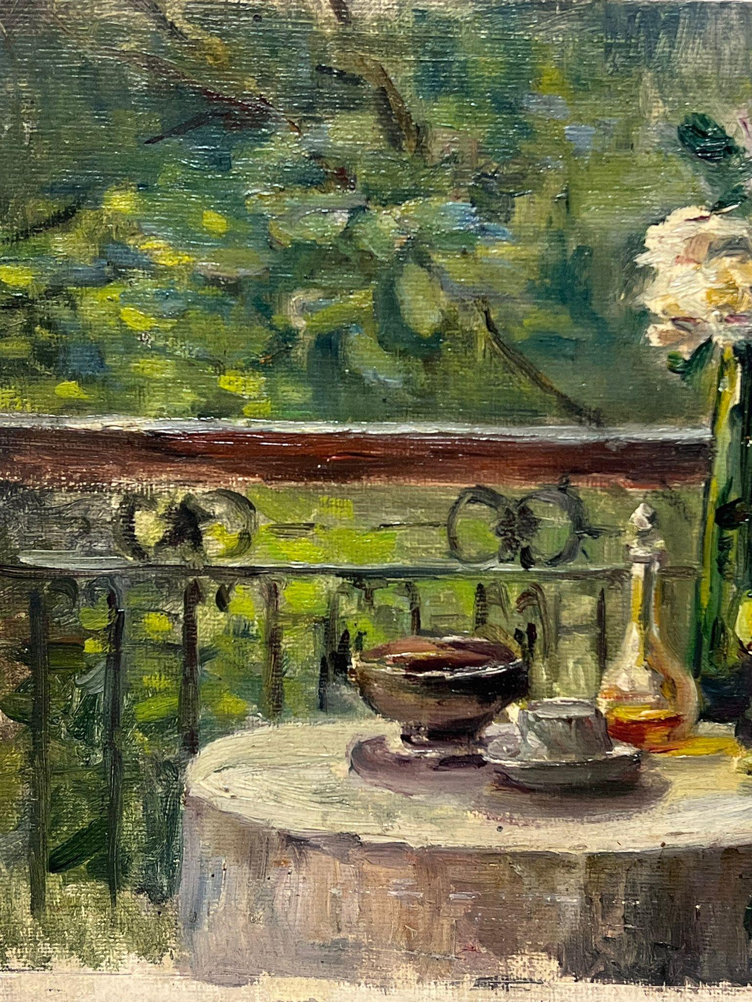 1930's French Impressionist Oil Roses in Window Terrace Interior Garden Scene For Sale 2