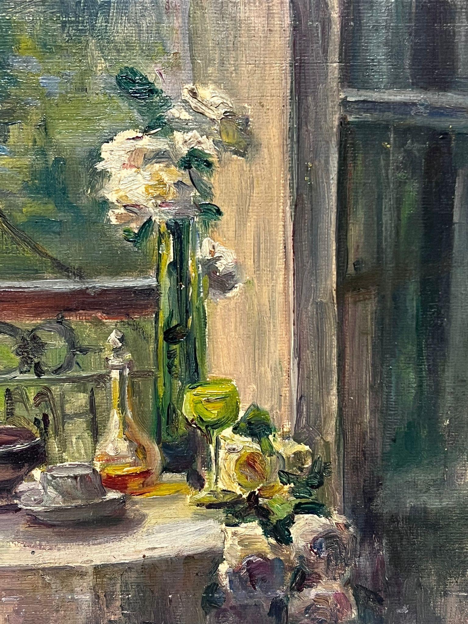 1930 Óleo impresionista francés Rosas en la ventana Terraza Escena de jardín interior 1