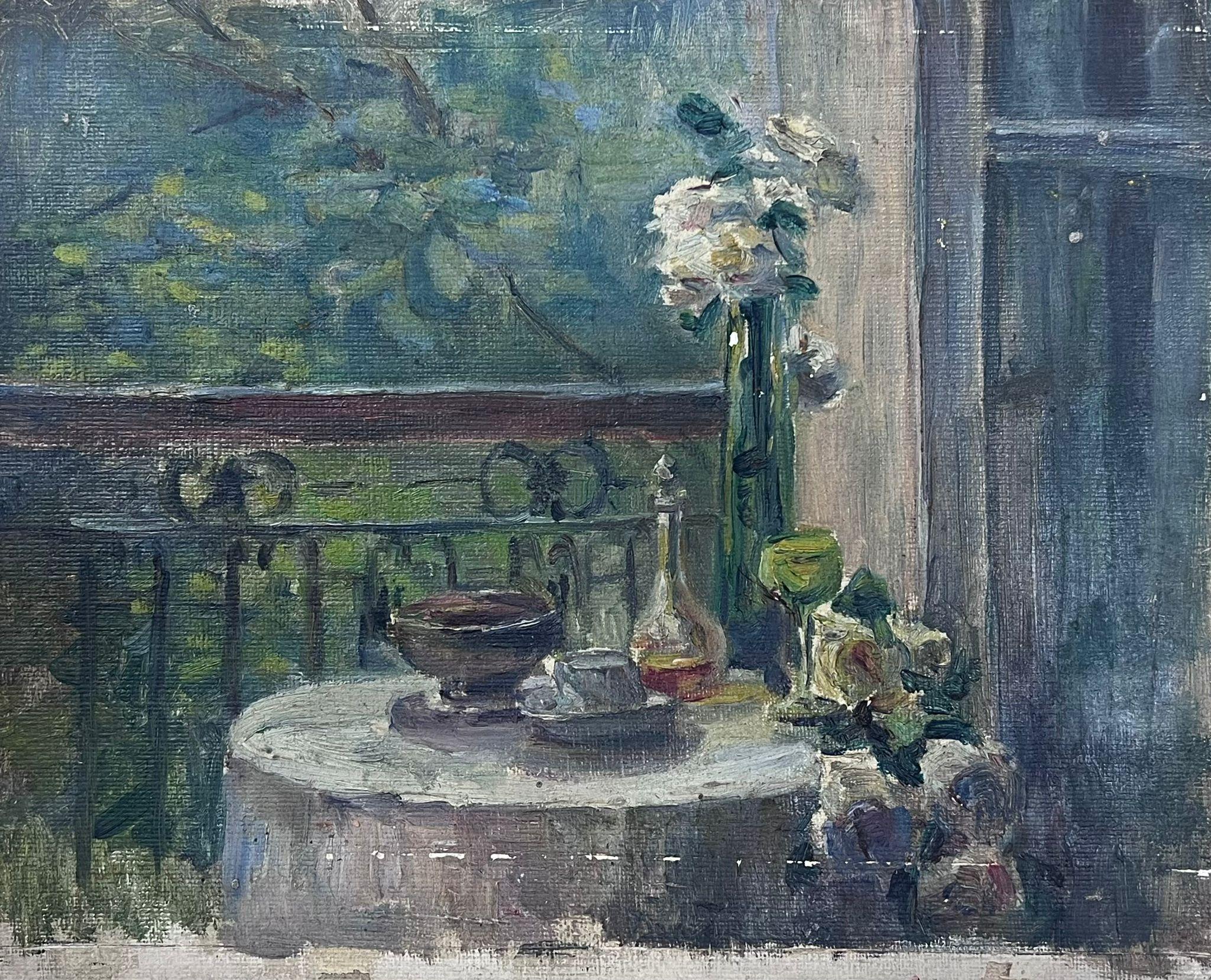 Louise Alix Landscape Painting - 1930's French Impressionist Oil Roses in Window Terrace Interior Garden Scene